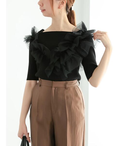 Te chichi（テチチ）の「チュールフリルリブニット（ニット/セーター・レディース・ブラック/グレー/カーキ・F）」の2枚目の写真