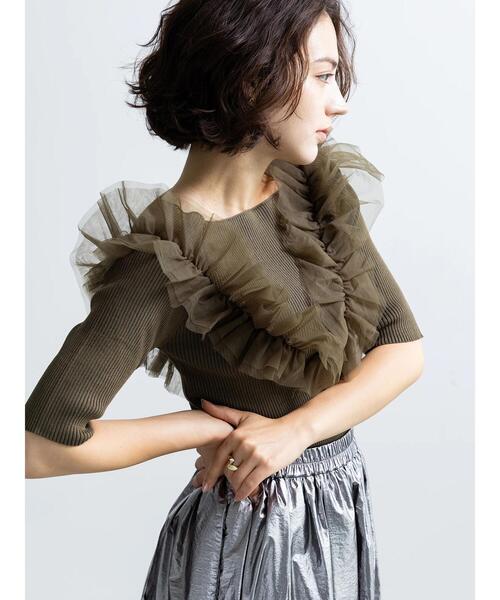Te chichi（テチチ）の「チュールフリルリブニット（ニット/セーター・レディース・ブラック/グレー/カーキ・F）」の5枚目の写真