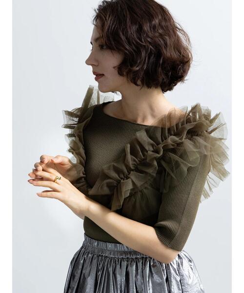 Te chichi（テチチ）の「チュールフリルリブニット（ニット/セーター・レディース・ブラック/グレー/カーキ・F）」の6枚目の写真