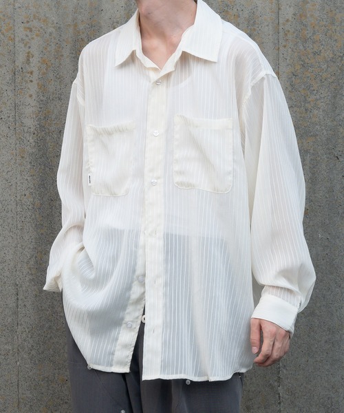 Perushu（ペルーシュ）の「ストライプシアーシャツ（シャツ/ブラウス・メンズ・ボルドー/ブラック/オフホワイト・MEDIUM/LARGE）」の2枚目の写真