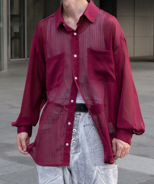 Perushu（ペルーシュ）の「ストライプシアーシャツ（シャツ/ブラウス・メンズ・ボルドー/ブラック/オフホワイト・MEDIUM/LARGE）」の3枚目の写真