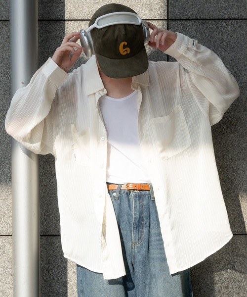 Perushu（ペルーシュ）の「ストライプシアーシャツ（シャツ/ブラウス・メンズ・ボルドー/ブラック/オフホワイト・MEDIUM/LARGE）」の12枚目の写真