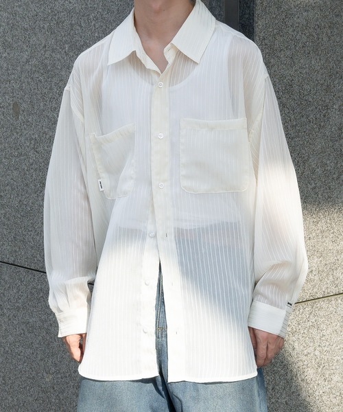 Perushu（ペルーシュ）の「ストライプシアーシャツ（シャツ/ブラウス・メンズ・ボルドー/ブラック/オフホワイト・MEDIUM/LARGE）」の4枚目の写真