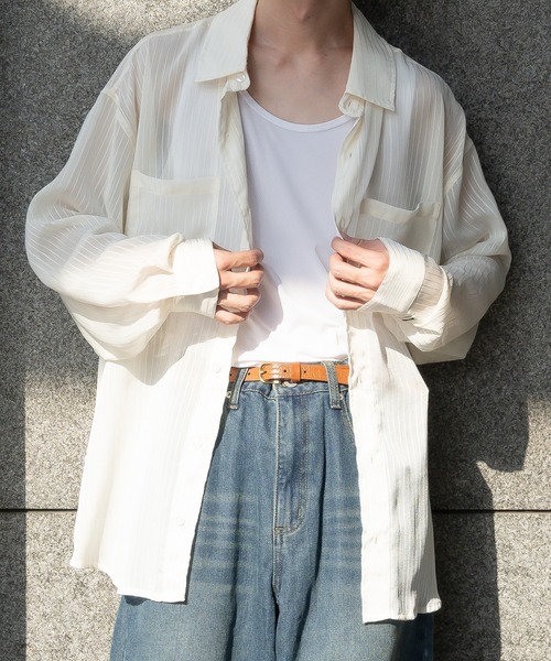 Perushu（ペルーシュ）の「ストライプシアーシャツ（シャツ/ブラウス・メンズ・ボルドー/ブラック/オフホワイト・MEDIUM/LARGE）」の9枚目の写真