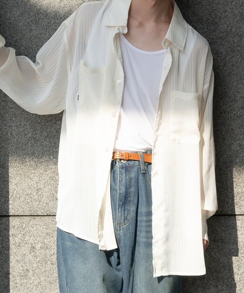 Perushu（ペルーシュ）の「ストライプシアーシャツ（シャツ/ブラウス・メンズ・ボルドー/ブラック/オフホワイト・MEDIUM/LARGE）」の11枚目の写真