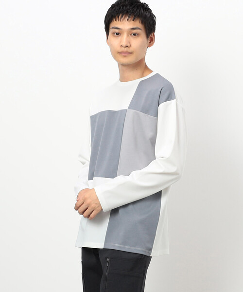 COMME CA ISM(コムサイズム)の「カラーブロック パッチワーク クルーネックTシャツ(長袖)(Tシャツ/カットソー・メンズ・ベージュ/ホワイト/ブラック・LARGE/MEDIUM)」の1枚目の写真