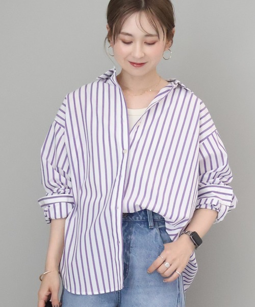 AMERICAN HOLIC(アメリカンホリック)の「イージーケアブロードシャツ(シャツ/ブラウス・レディース・オフホワイト/サックスブルー/ブルー系その他7/ブラック系その他2/ストライプ・M/L)」の5枚目の写真