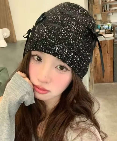 Jelly moo(ジェリームー)の「【 Jelly moo / ジェリームー 】 リボン スパンコール ビーニー / ニットキャップ / 帽子 #_(ニットキャップ/ビーニー・レディース・ブラック系その他/ブラック・FREE)」の2枚目の写真