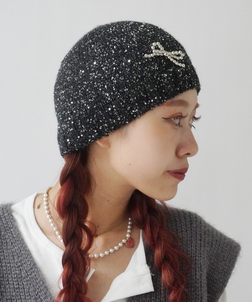 Jelly moo(ジェリームー)の「【 Jelly moo / ジェリームー 】 リボン スパンコール ビーニー / ニットキャップ / 帽子 #_(ニットキャップ/ビーニー・レディース・ブラック系その他/ブラック・FREE)」の1枚目の写真