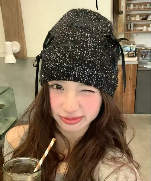 Jelly moo(ジェリームー)の「【 Jelly moo / ジェリームー 】 リボン スパンコール ビーニー / ニットキャップ / 帽子 #_(ニットキャップ/ビーニー・レディース・ブラック系その他/ブラック・FREE)」の4枚目の写真