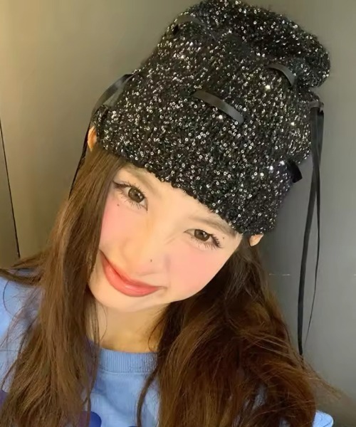 Jelly moo(ジェリームー)の「【 Jelly moo / ジェリームー 】 リボン スパンコール ビーニー / ニットキャップ / 帽子 #_(ニットキャップ/ビーニー・レディース・ブラック系その他/ブラック・FREE)」の6枚目の写真