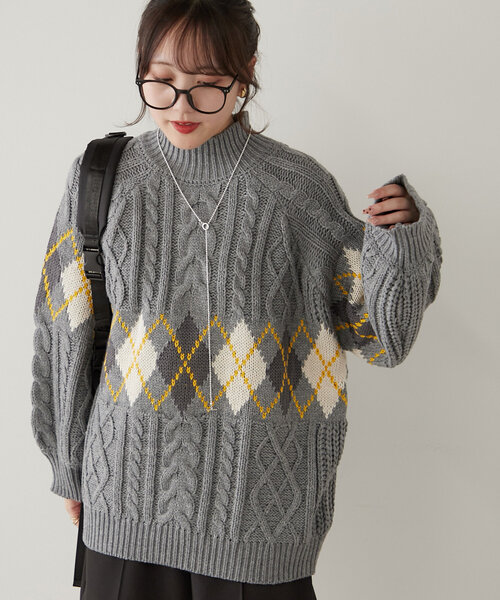 Remind me and forever(リマインドミーアンドフォーエバー)の「【WEB限定】アーガイルケーブルハイネックプルオーバー(ニット/セーター・レディース・ネイビー/グレー/アイボリー・FREE)」の18枚目の写真