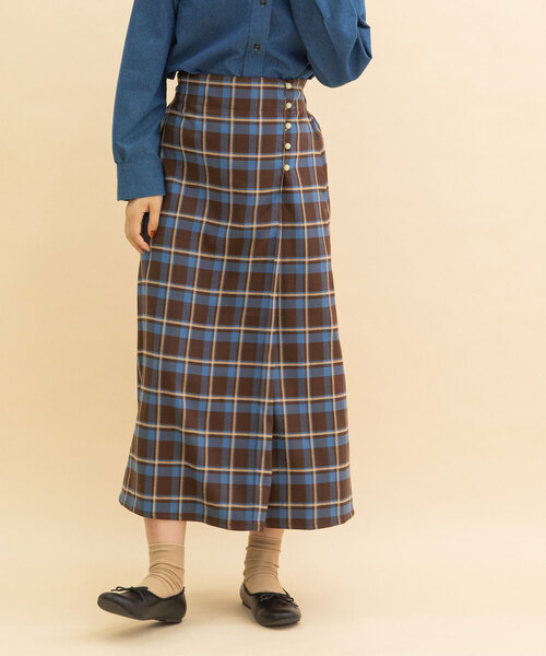 POU DOU DOU（プードゥドゥ）の「タータンチェックラップスカート（スカート・レディース・ダークブラウン/ネイビー・M）」の3枚目の写真