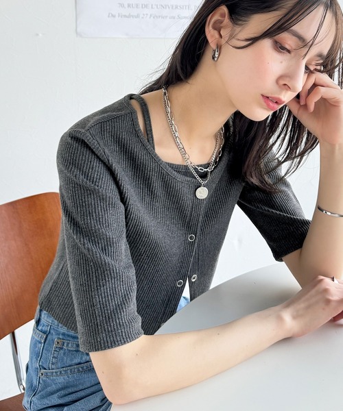 classicalelf(クラシカルエルフ)の「マルチWAYで着回し自在。テレコリブ素材アメスリキャミ&カーデ セットアップアンサンブル(5分袖)(キャミソール・レディース・ブルー系/チャコール/アイボリー/グレイッシュベージュ/ブラック・X-LARGE/SMALL/MEDIUM/LARGE)」の6枚目の写真