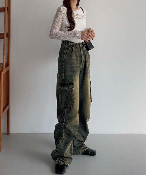 callautia（カラウティア）の「サイドギャザーデニムカーゴパンツ（デニムパンツ・レディース・ブラック/ライトブルー/ブルー・LARGE/MEDIUM/SMALL）」の8枚目の写真