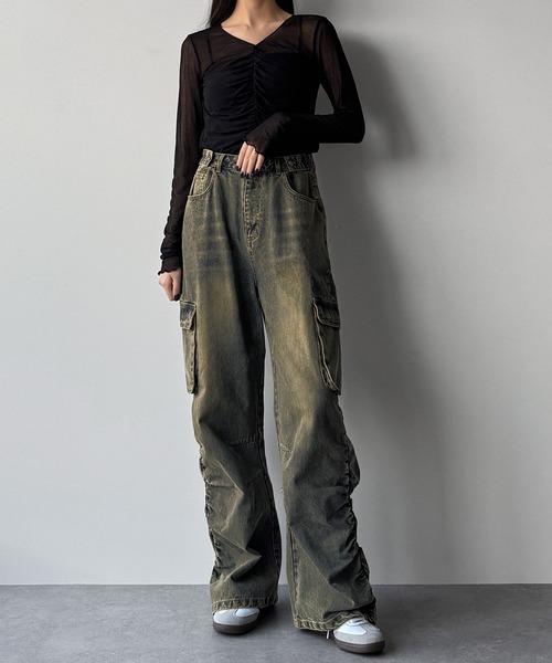 セール】サイドギャザーデニムカーゴパンツ（デニムパンツ