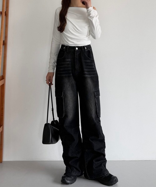 callautia（カラウティア）の「サイドギャザーデニムカーゴパンツ（デニムパンツ・レディース・ブラック/ライトブルー/ブルー・LARGE/MEDIUM/SMALL）」の21枚目の写真