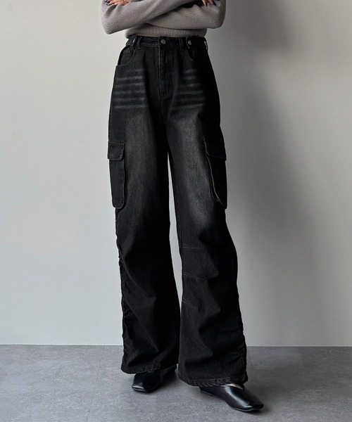 セール】サイドギャザーデニムカーゴパンツ（デニムパンツ