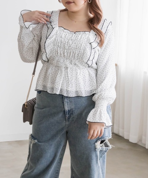 CLETTE(クレット)の「ドット柄フリルブラウス(シャツ/ブラウス・レディース・オフホワイト/ブルー・LL/3L/4L)」の21枚目の写真