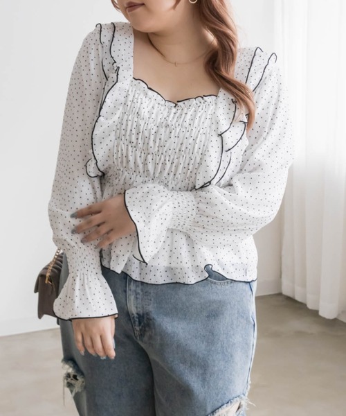 CLETTE(クレット)の「ドット柄フリルブラウス(シャツ/ブラウス・レディース・オフホワイト/ブルー・LL/3L/4L)」の22枚目の写真