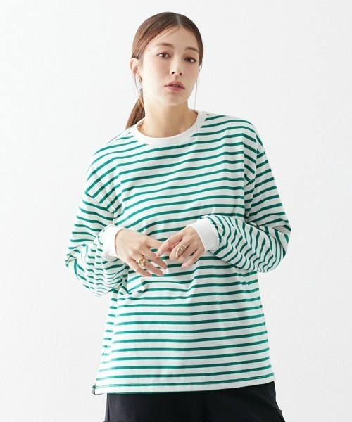 slattgir（スラットジール）の「高身長　綿混ゆったりシルエット長袖ボーダーカットソー（トールサイズ）（Tシャツ/カットソー・レディース・ブラック系/グリーン系/ネイビー系・4L～5L/LL～3L/M～Ｌ）」の2枚目の写真
