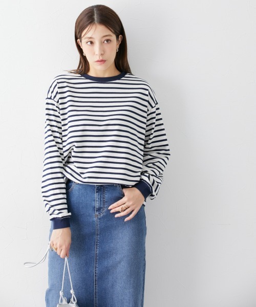 slattgir（スラットジール）の「高身長　綿混ゆったりシルエット長袖ボーダーカットソー（トールサイズ）（Tシャツ/カットソー・レディース・ブラック系/グリーン系/ネイビー系・4L～5L/LL～3L/M～Ｌ）」の4枚目の写真