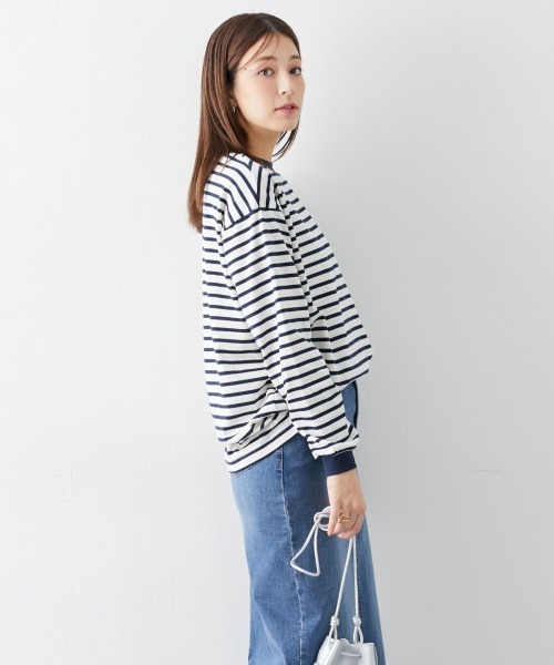 slattgir（スラットジール）の「高身長　綿混ゆったりシルエット長袖ボーダーカットソー（トールサイズ）（Tシャツ/カットソー・レディース・ブラック系/グリーン系/ネイビー系・4L～5L/LL～3L/M～Ｌ）」の5枚目の写真