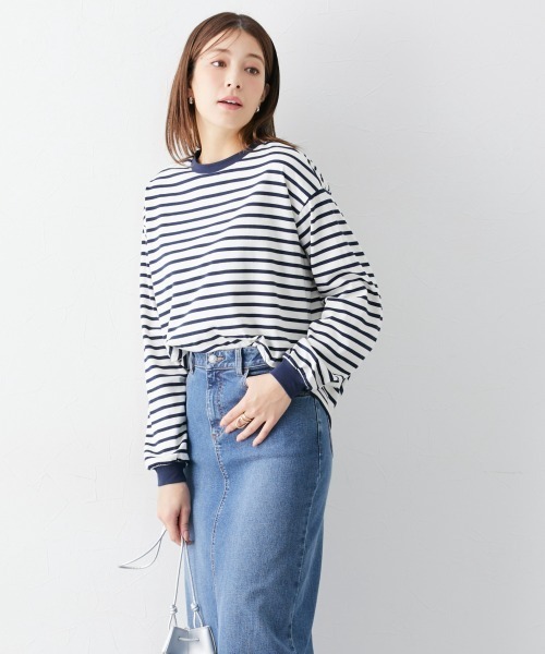 slattgir（スラットジール）の「高身長　綿混ゆったりシルエット長袖ボーダーカットソー（トールサイズ）（Tシャツ/カットソー・レディース・ブラック系/グリーン系/ネイビー系・4L～5L/LL～3L/M～Ｌ）」の7枚目の写真