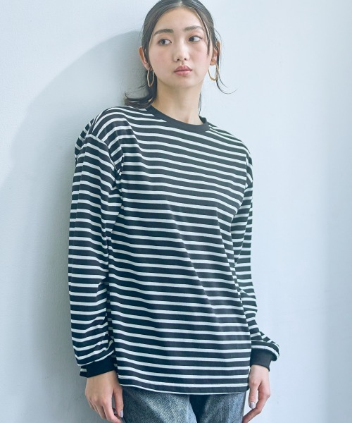 slattgir（スラットジール）の「高身長　綿混ゆったりシルエット長袖ボーダーカットソー（トールサイズ）（Tシャツ/カットソー・レディース・ブラック系/グリーン系/ネイビー系・4L～5L/LL～3L/M～Ｌ）」の11枚目の写真