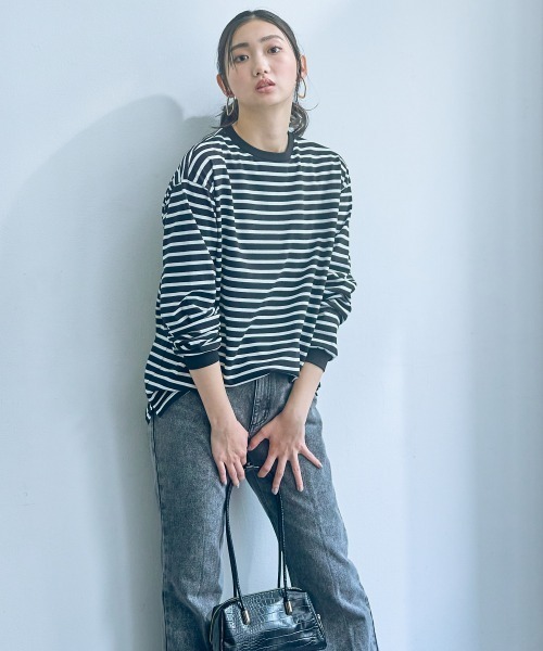 slattgir（スラットジール）の「高身長　綿混ゆったりシルエット長袖ボーダーカットソー（トールサイズ）（Tシャツ/カットソー・レディース・ブラック系/グリーン系/ネイビー系・4L～5L/LL～3L/M～Ｌ）」の14枚目の写真