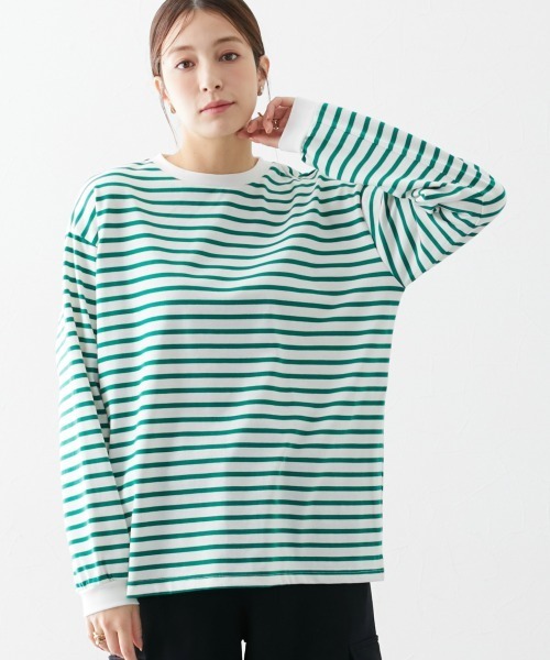 slattgir（スラットジール）の「高身長　綿混ゆったりシルエット長袖ボーダーカットソー（トールサイズ）（Tシャツ/カットソー・レディース・ブラック系/グリーン系/ネイビー系・4L～5L/LL～3L/M～Ｌ）」の20枚目の写真
