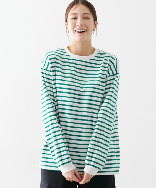slattgir（スラットジール）の「高身長　綿混ゆったりシルエット長袖ボーダーカットソー（トールサイズ）（Tシャツ/カットソー・レディース・ブラック系/グリーン系/ネイビー系・4L～5L/LL～3L/M～Ｌ）」の21枚目の写真