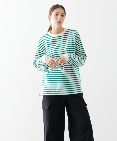 slattgir（スラットジール）の「高身長　綿混ゆったりシルエット長袖ボーダーカットソー（トールサイズ）（Tシャツ/カットソー・レディース・ブラック系/グリーン系/ネイビー系・4L～5L/LL～3L/M～Ｌ）」の22枚目の写真