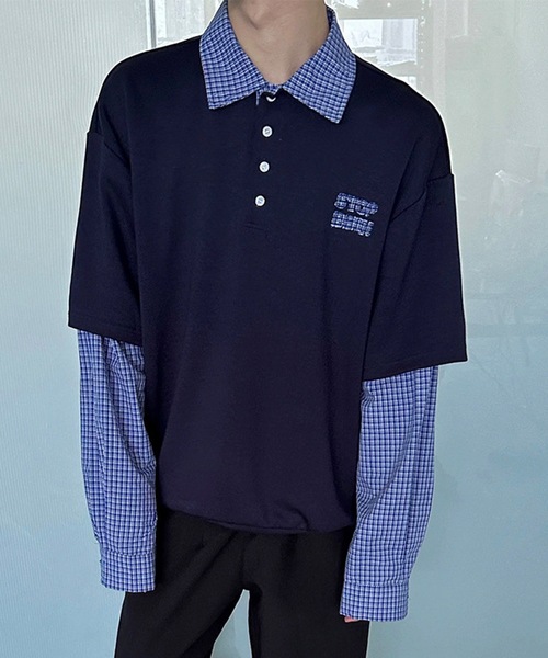 syudou加速 レイヤードフードシャツ セール】フェイク長袖チェックレイヤードシャツ/ポロシャツ