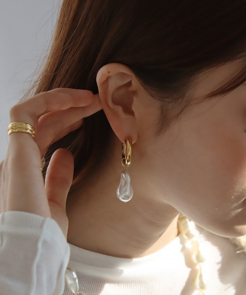 金属アレルギー対応 2way 変形パールフープピアス（ピアス（両耳用 
