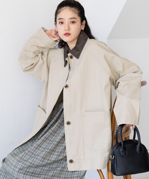 セール】襟レザー/ヴィンテージライクBIGカバーオール（ブルゾン