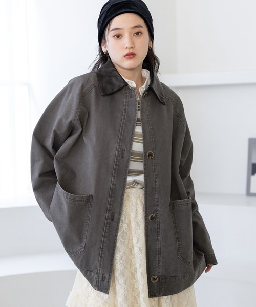 セール】襟レザー/ヴィンテージライクBIGカバーオール（ブルゾン