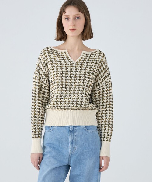 ♡希少♡CHANEL ハウンドトゥースニットセーター ジュエティ ハウンドトゥース柄 長袖ニット セーター M アクリル100