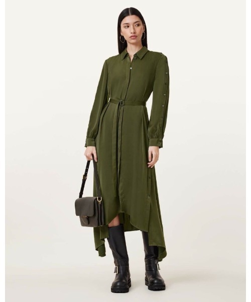 ALLSAINTS（オールセインツ）の「LEXI SATIN MIDI DRESS | LEXI サテン ミディ ドレス・ワンピース（シャツワンピース・レディース・グリーン系その他・4/6/8）」の4枚目の写真