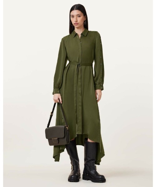 ALLSAINTS（オールセインツ）の「LEXI SATIN MIDI DRESS | LEXI サテン ミディ ドレス・ワンピース（シャツワンピース・レディース・グリーン系その他・4/6/8）」の6枚目の写真