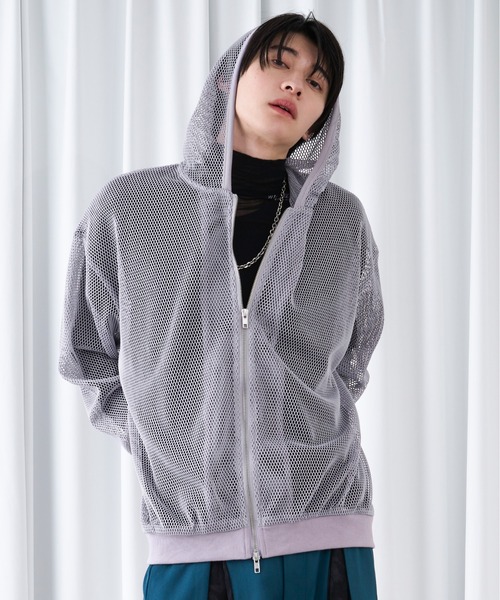 極美品✨ルネ パールメッシュニットパーカー ダブルジップ パフスリーブ ネイビー BENDER TOKYO パーカー 「BENDER TOKYO」透かし編み メッシュ