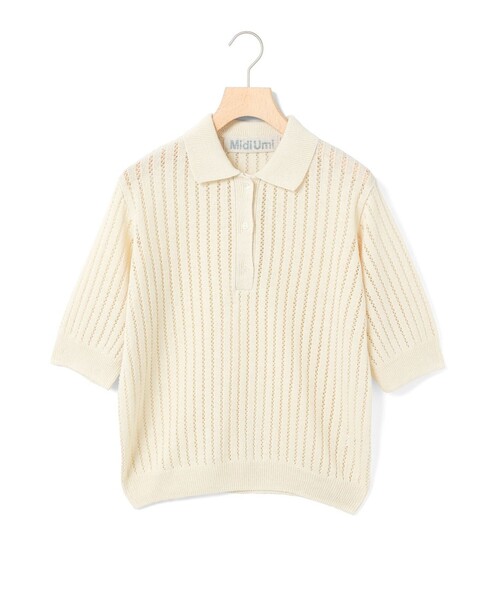 今季新品　リネン混【MidiUmi】模様編みニットポロ　ライトグレー　ミディウミ 今季新品 リネン混【MidiUmi】模様編みニットポロ ライトグレー