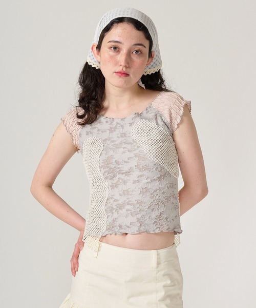 TINA:JOJUN(ティーナジョジュン)の「異素材ドッキング フレンチトップス TINA:JOJUN(Tシャツ/カットソー・レディース・ピンク/カーキ・M)」の1枚目の写真