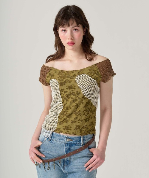 TINA:JOJUN(ティーナジョジュン)の「異素材ドッキング フレンチトップス TINA:JOJUN(Tシャツ/カットソー・レディース・ピンク/カーキ・M)」の11枚目の写真