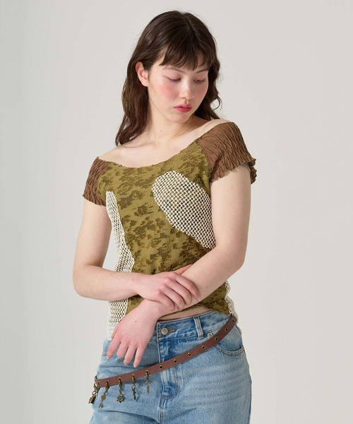 TINA:JOJUN(ティーナジョジュン)の「異素材ドッキング フレンチトップス TINA:JOJUN(Tシャツ/カットソー・レディース・ピンク/カーキ・M)」の12枚目の写真
