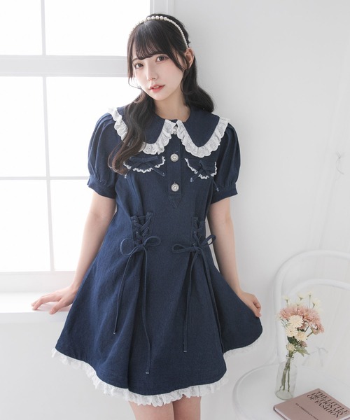 DearMyLoveRose(ディアマイラブローズ)の「丸襟デニムフレアワンピース【大きいサイズ有り】(ワンピース・レディース・インディゴブルー/ブラック/ライトブルー・LARGE/LL/3L/MEDIUM)」の3枚目の写真