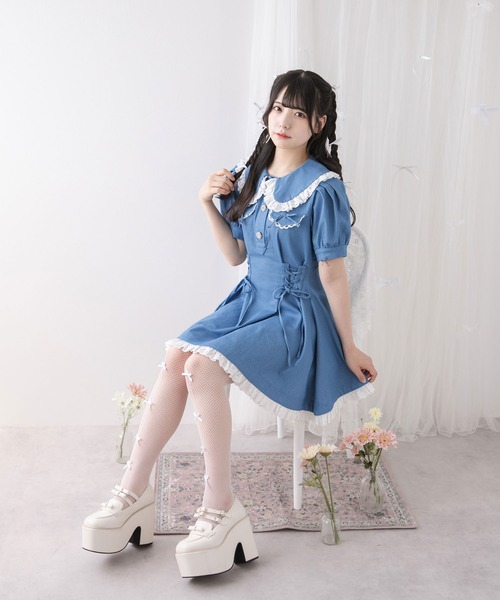 DearMyLoveRose 丸襟デニムフレアワンピース ライトブルー 3L DearMyLoveRose 丸襟デニムフレアワンピース ライトブルー 3L