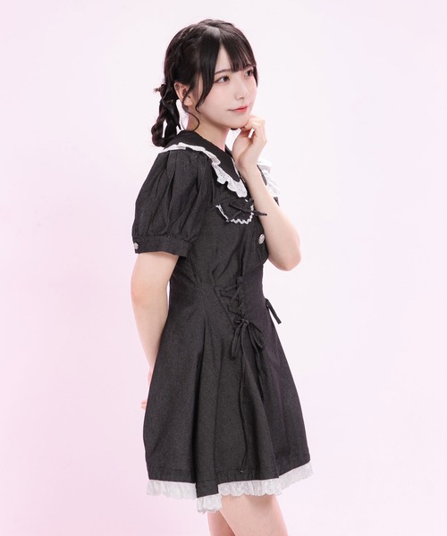 DearMyLoveRose 丸襟デニムフレアワンピース ライトブルー 3L 丸襟デニムフレアワンピース【大きいサイズ有り】（ワンピース