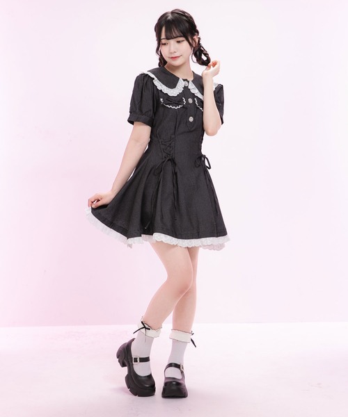 ワンピース ぷに様 丸襟デニムフレアワンピース【大きいサイズ有り】（ワンピース
