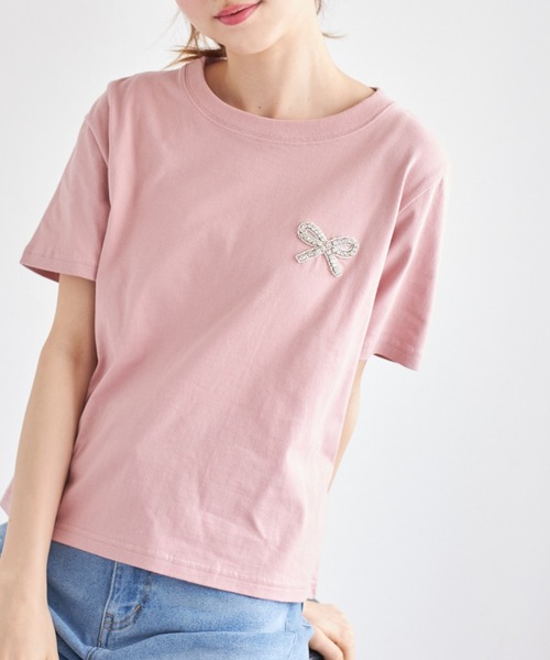 tocco closet(トッコ クローゼット)の「リボンビジュー付きTシャツ(Tシャツ/カットソー・レディース・ピンク/オフホワイト/チャコールグレー・M)」の3枚目の写真